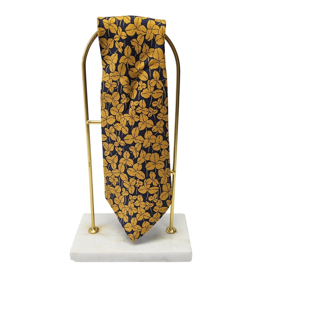 Hermes Necktie Mens OS Gold Navy Blue Clover Silk 7228 UA Made in France